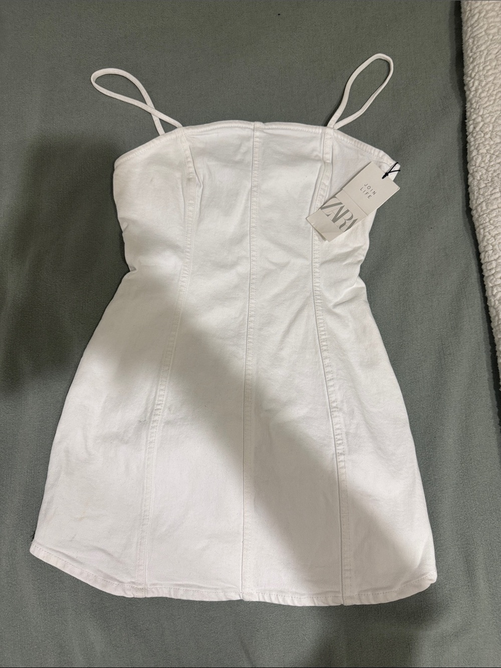 Zara White Spaghetti-Strap Denim Mini Dress